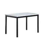 Black faux marble dining table with metal base in a modern dining room