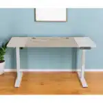 HMS Adjustable White and Natural Wood Rolling Computer Desk with Stainless Steel Modern and Stylish Workspace