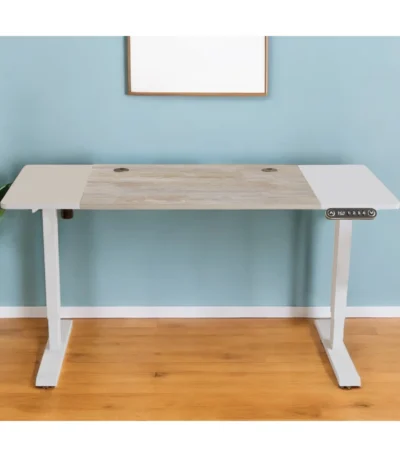 HMS Adjustable White and Natural Wood Rolling Computer Desk with Stainless Steel Modern and Stylish Workspace