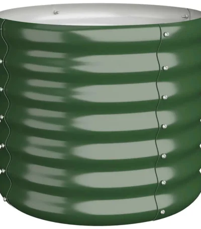 Green powder-coated steel outdoor planter set on a patio, vertical gardening friendly design with tiered levels,