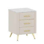 Modern 2-drawer nightstand with wood top beside bed in bedroom