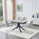 Modern square dining table for 4 with light gray painted MDF top and sturdy geometric metal legs