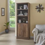Rustic Brown FCJ 1-Door Bookshelf with USB Port 3-Open Bookshelves for Home Office or Hotel Use – side view