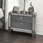Glam modern nightstand with 2 drawers, nickel ring pulls, and acrylic trim in gray finish for bedroom