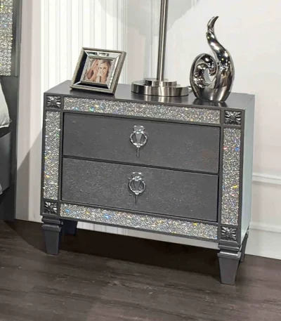 Glam modern nightstand with 2 drawers, nickel ring pulls, and acrylic trim in gray finish for bedroom