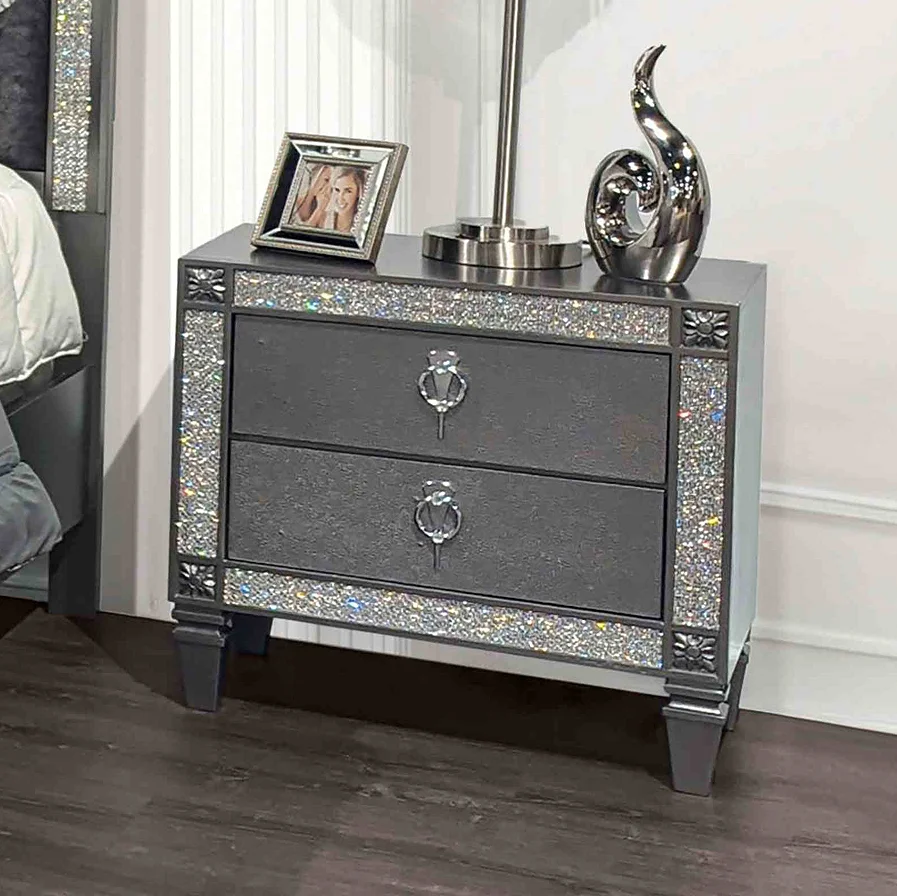 Glam modern nightstand with drawers in gray featuring nickel ring pulls and acrylic trim