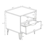 Olive green nightstand with drawer and open shelf featuring modern metal legs in a bedroom setting