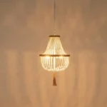 White Wood Beaded Farmhouse Tassel Chandelier, Boho Rustic Pendant Light for Bedroom Kitchen Island Dining Room – base detail