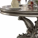Gray solid pine wood round dining table 60 inch with pedestal base in a dining room setting