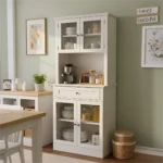 Modern White Wooden Tall Kitchen Hutch Sideboards Cabinet with Glass Doors Drawer Open Appliance Counter Coffee Bar Cabinet