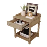 Retro wood nightstand with drawer and open shelf, natural turned legs