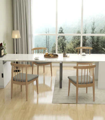 Modern white extendable dining table with built-in outlets and storage, expanded to seat eight people
