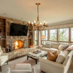Six-light rustic chandelier in a bedroom setting, hanging above a wooden bed frame, adding a warm, ambient glow.