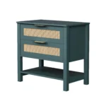 Rattan nightstand with 2 drawers and storage shelf in green finish, bohemian bedside table for bedroom