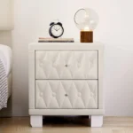 Beige velvet nightstand with two drawers and crystal knobs tufted bedside table for bedroom storage