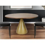 Round pedestal dining table with brown solid wood top and gold iron base, 48 inch, in a dining room setting