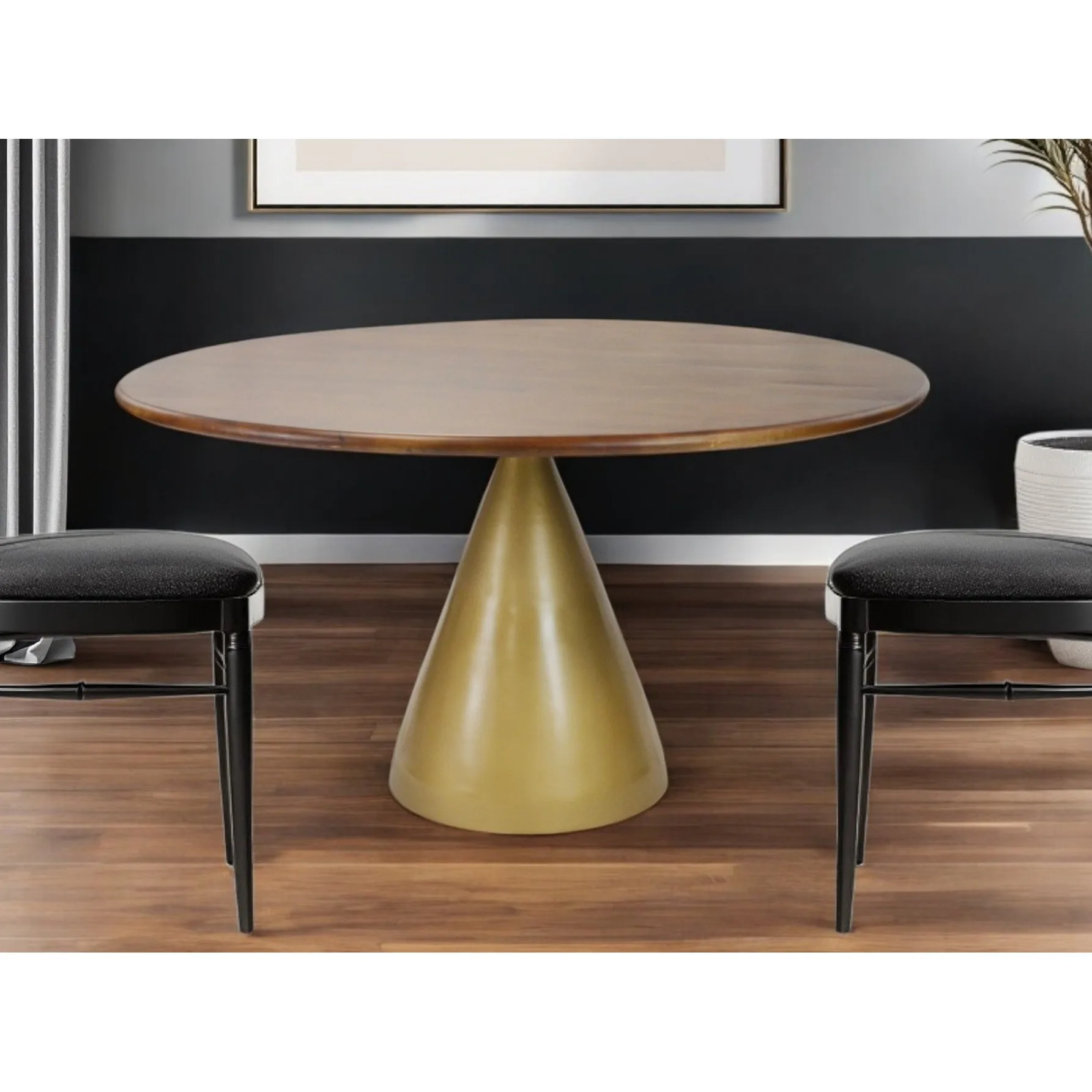 H53b93c1edd894d3bb34ec8da042432f51.webp Round pedestal dining table with brown solid wood top and gold iron base, 48 inch, in a dining room setting