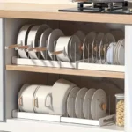 Pull out dish rack with expandable design and dishwater strainer in modern kitchen