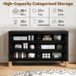 Modern 6-drawer double dresser with metal handles and solid wood legs in a kids room - Goldoma black storage cabinet