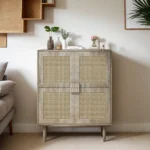 4-Doors Wabi-Sabi Style MDF Rattan Mesh Storage Cabinet Eight Storage Spaces Sideboard for Entryway Living Room Hallway (Grey) - Image 6