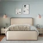 Goldoma king size upholstered platform bed with storage drawers and curved headboard in beige