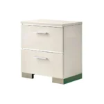 Contemporary white nightstand with high gloss lacquer finish and chrome handles