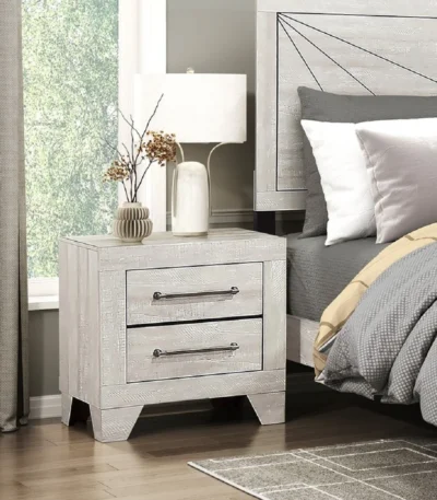 Gray oak nightstand with 2 drawers and rustic finish from Goldoma