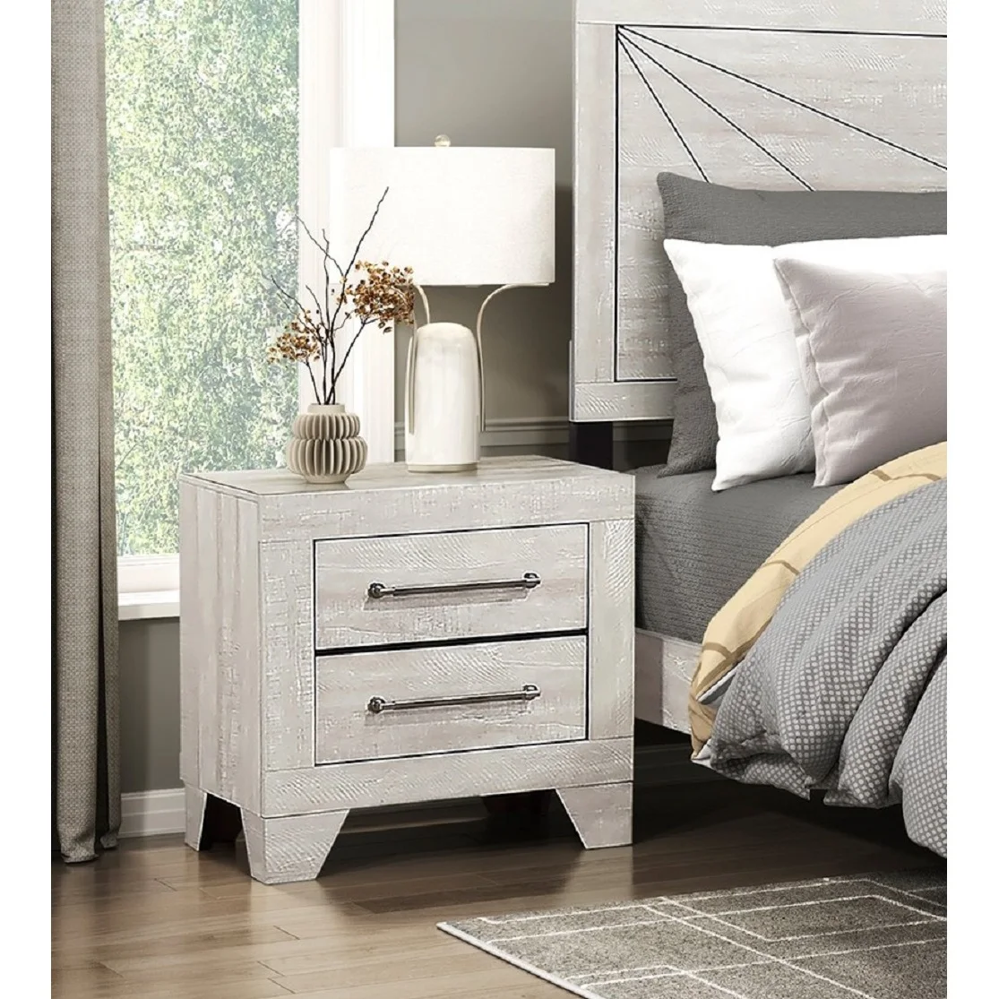 H540423e1aacc47d49bbf426c7c869bb6P.webp Gray oak nightstand with 2 drawers and rustic finish from Goldoma