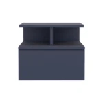 Adele blue floating nightstand with drawer and shelves mounted on a bedroom wall
