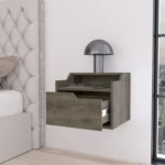 Floating nightstand with drawer and dual shelf display mounted on wall in modern bedroom