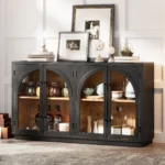 4-Door Large Solid Wood Eco-Friendly Antique Storage Sideboard Buffet Cabinet with Glass Doors Adjustable Shelves for Kitchen - Image 7