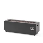 Outdoor propane fire pit in dark grey rectangular iron with glowing flames