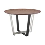 48-inch round two tone dining table with brown wood top and black iron sled base in a dining room setting