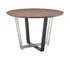 48-inch round two tone dining table with brown wood top and black iron sled base in a dining room setting
