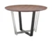 48-inch round two tone dining table with brown wood top and black iron sled base in a dining room setting