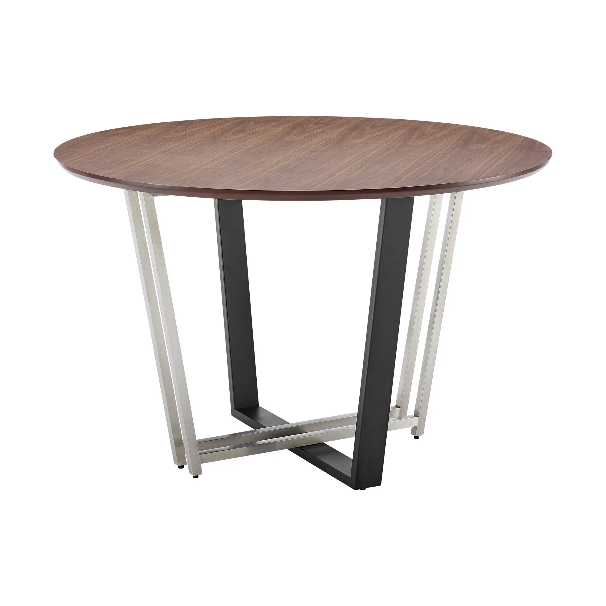 48-inch round two tone dining table with brown wood top and black iron sled base in a dining room setting