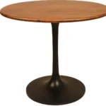 36 inch round pedestal dining table with solid wood top and black iron base - Goldoma