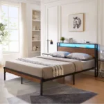Goldoma king size metal platform bed frame with wooden headboard and USB ports, featuring LED lights