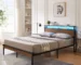 Goldoma King Size Metal Platform Bed Frame with Wooden Headboard, USB Ports & LED Lights