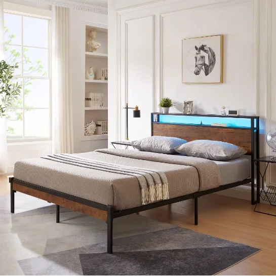 Goldoma King Size Metal Platform Bed Frame with Wooden Headboard, USB Ports & LED Lights Goldoma King Size Metal Platform Bed Frame with Wooden Headboard, USB Ports & LED Lights