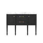 Close-up of the pre-assembled cabinet interior with adjustable shelves, showing ample storage space for bathroom