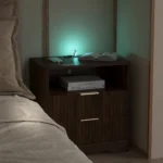 Wood nightstand with USB charging station and night light in bedroom setting