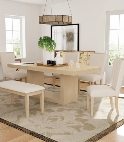 Contemporary extendable dining table set with bench in natural beige finish by Goldoma