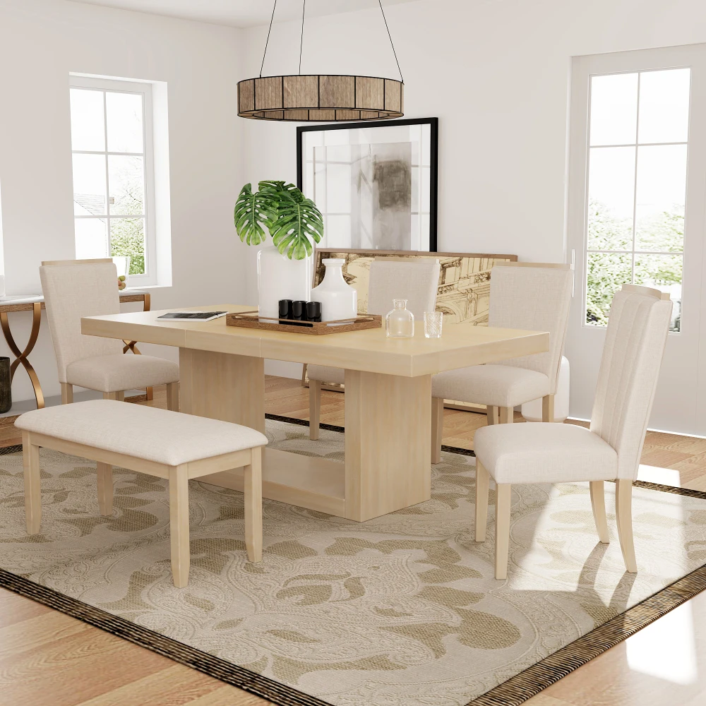 H552daa2a3bfd4d7c98594bc83b9835919.webp Contemporary extendable dining table set with bench in natural beige finish by Goldoma