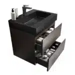 Goldoma Homein 24 in walnut black bathroom vanity with sink, close-up of DTC soft close drawer hardware and melamine