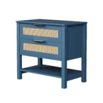 Rattan nightstand with drawers and storage shelf in turquoise finish, boho bedside table for bedroom
