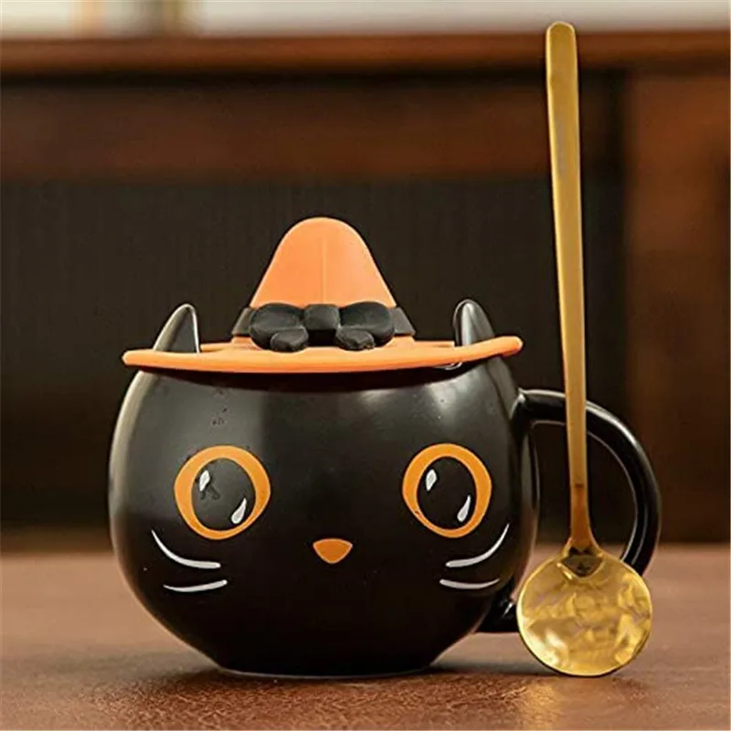 300ml Creative Cute Black Cat Cup Ceramic Coffee Mug with Handle Halloween Magic Hat Tea Milk Cup Family Couples Friend Kid
