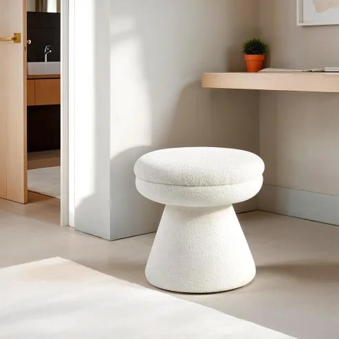 H558d09583a34418fa9cd05a6e04c1702N.webp Adjustable velvet mushroom ottoman in a modern living room setting, plush round seat with wooden legs