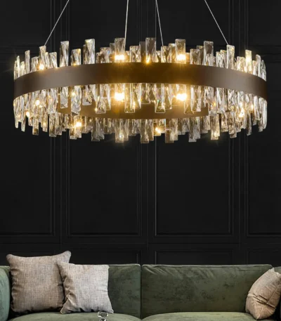 Modern crystal chandelier with K9 crystals hanging over a dining table