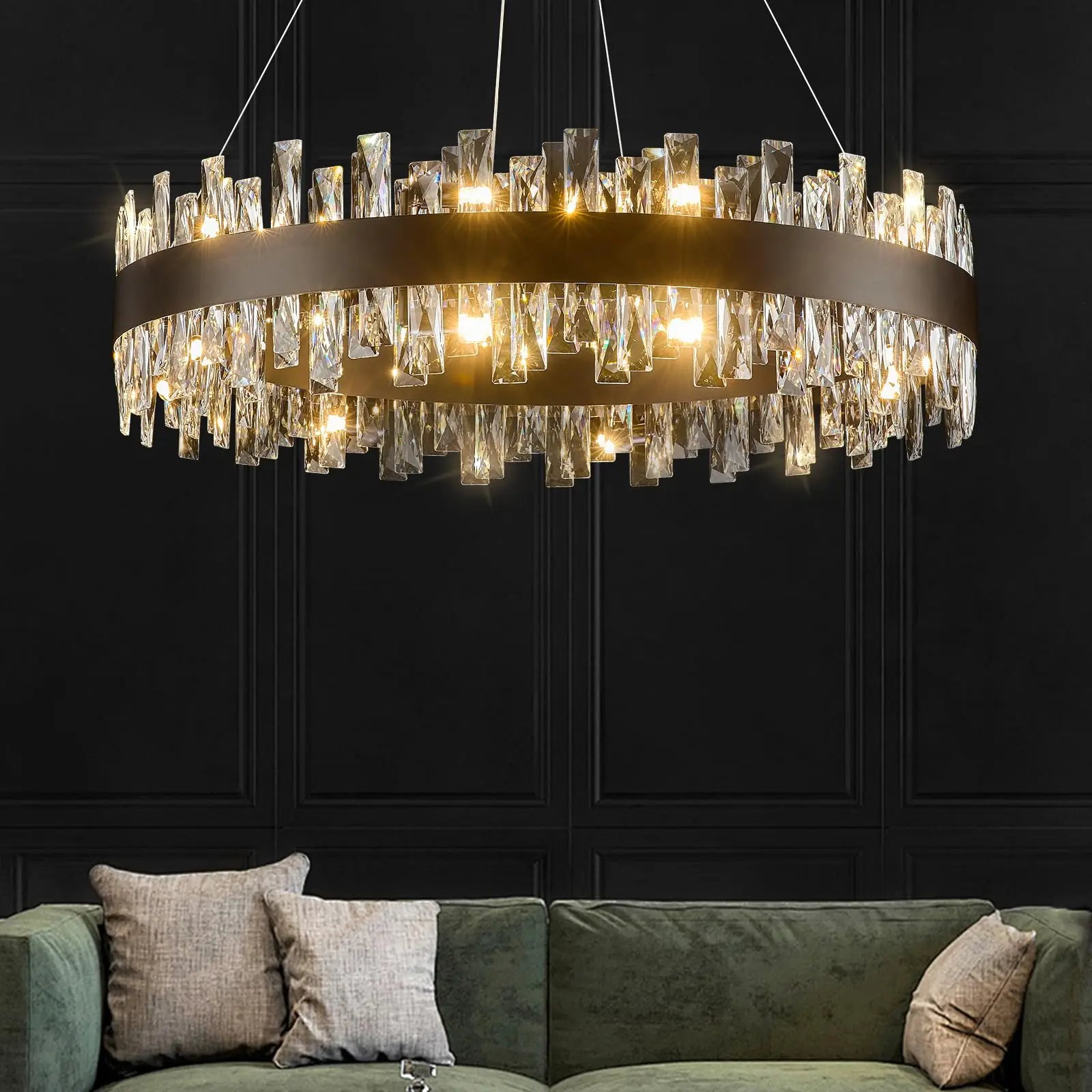 Modern crystal chandelier with K9 crystals hanging over a dining table
